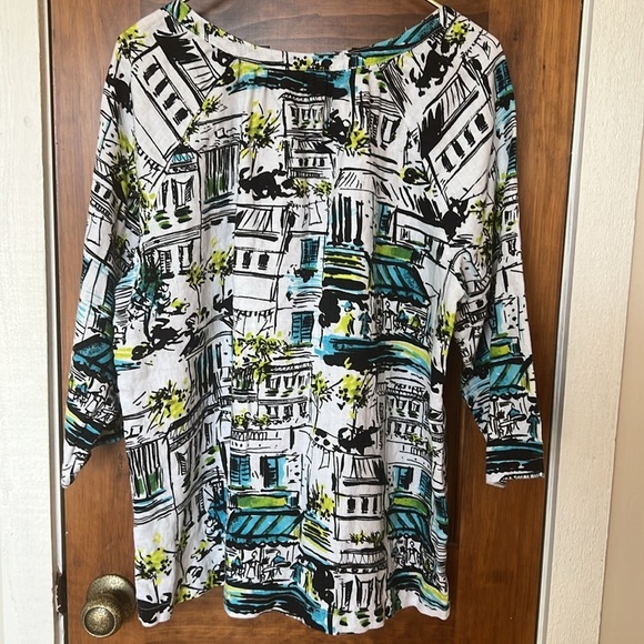 100% Linen LANTANA CASUALS Artsy Abstract Print Button Down | L - Picture 2 of 9